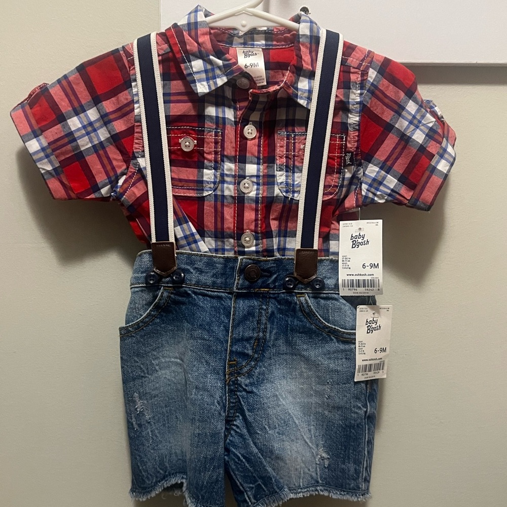 OshKosh B'gosh Red Plaid Shirt with Navy Suspenders and Denim Shorts